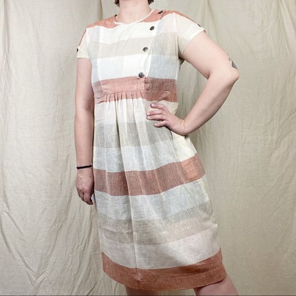 Vintage 70s Striped Buttons Pockets Summer Cap Sleeve Sheer A Line Linen Dress S - Picture 2 of 12